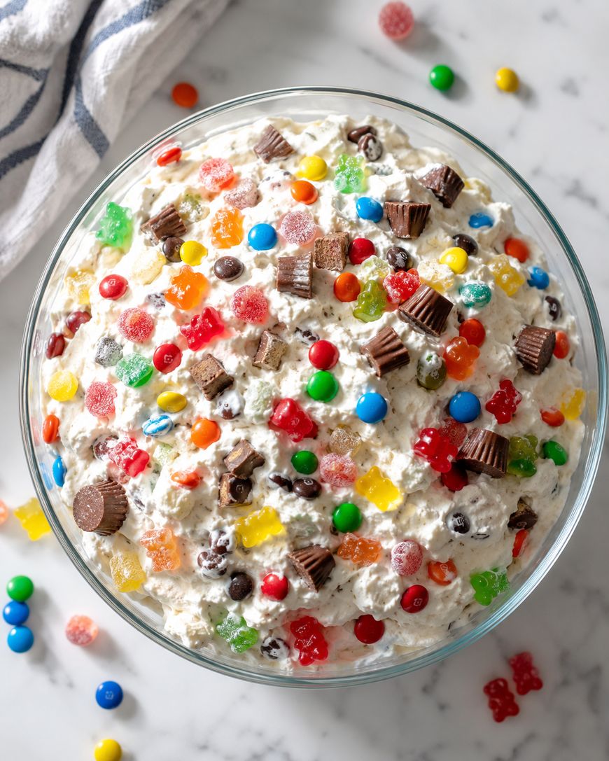 A large glass bowl filled with whipped dessert topped with colorful candies, chocolate chips, mini peanut butter cups, gummy bears, and other assorted sweets, sitting on a white marble surface.