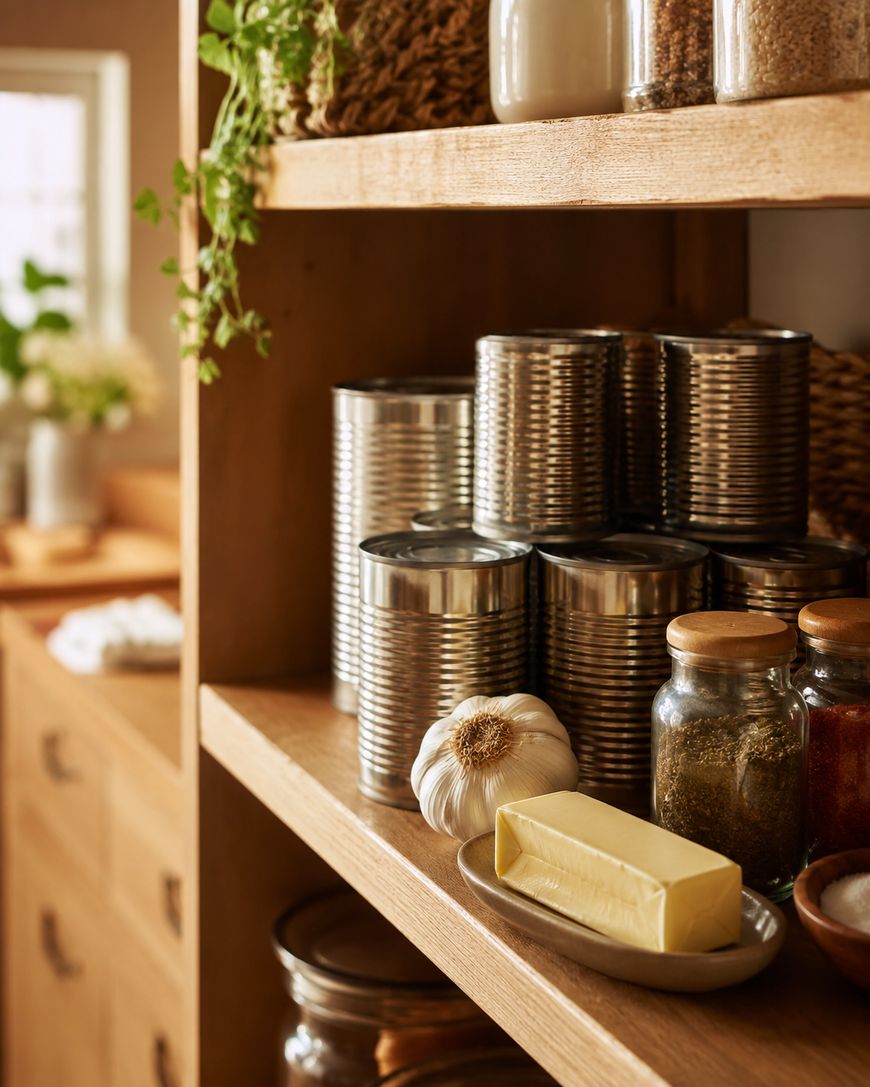 A wooden pantry shelf holds stacked tin cans, glass jars of spices, a head of garlic, and a stick of butter on a small plate. There are woven baskets and green plants in the softly lit background.