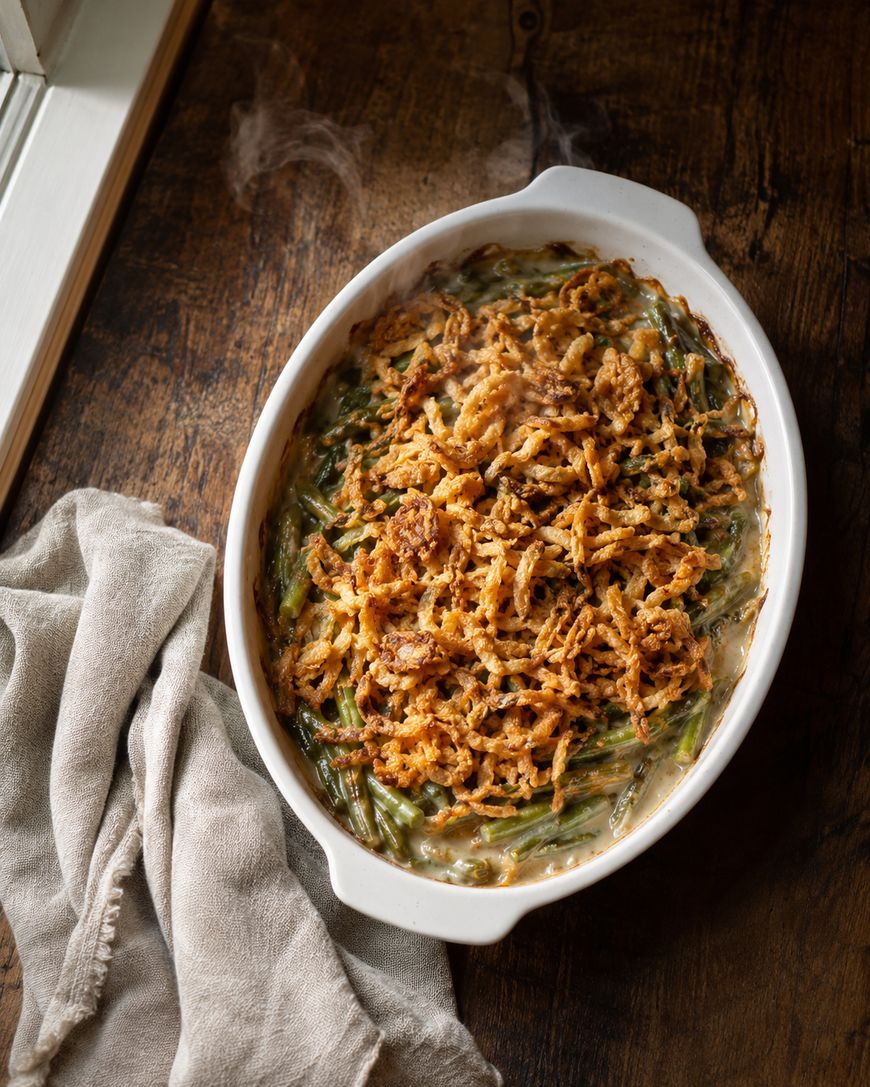 A white oval baking dish filled with green bean casserole topped with crispy fried onions sits on a rustic wooden table, next to a light-colored cloth napkin. Steam rises from the hot casserole.