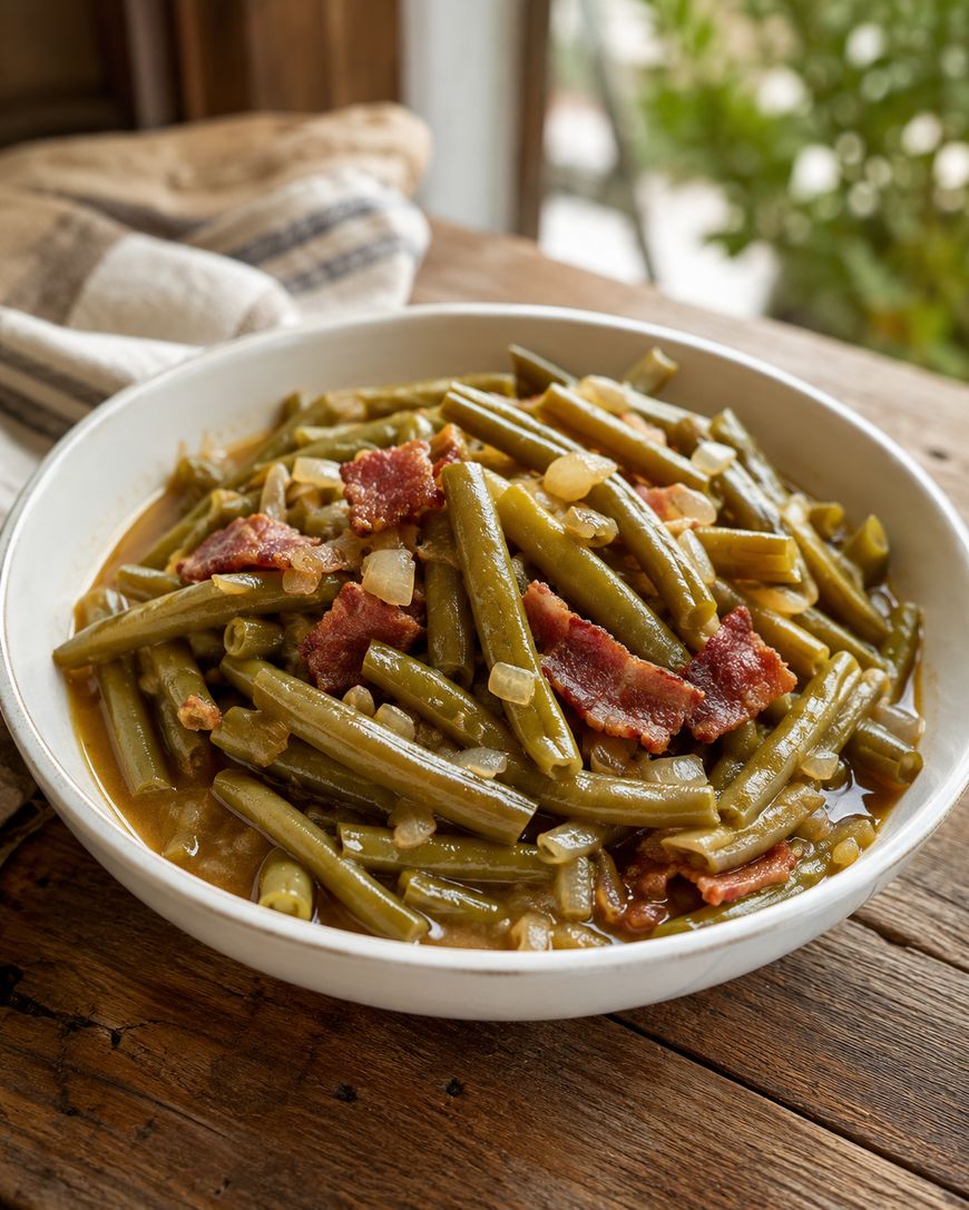 A bowl of cooked green beans mixed with chopped onions and pieces of bacon, served in a white dish on a rustic wooden table, with a cloth napkin in the background.
