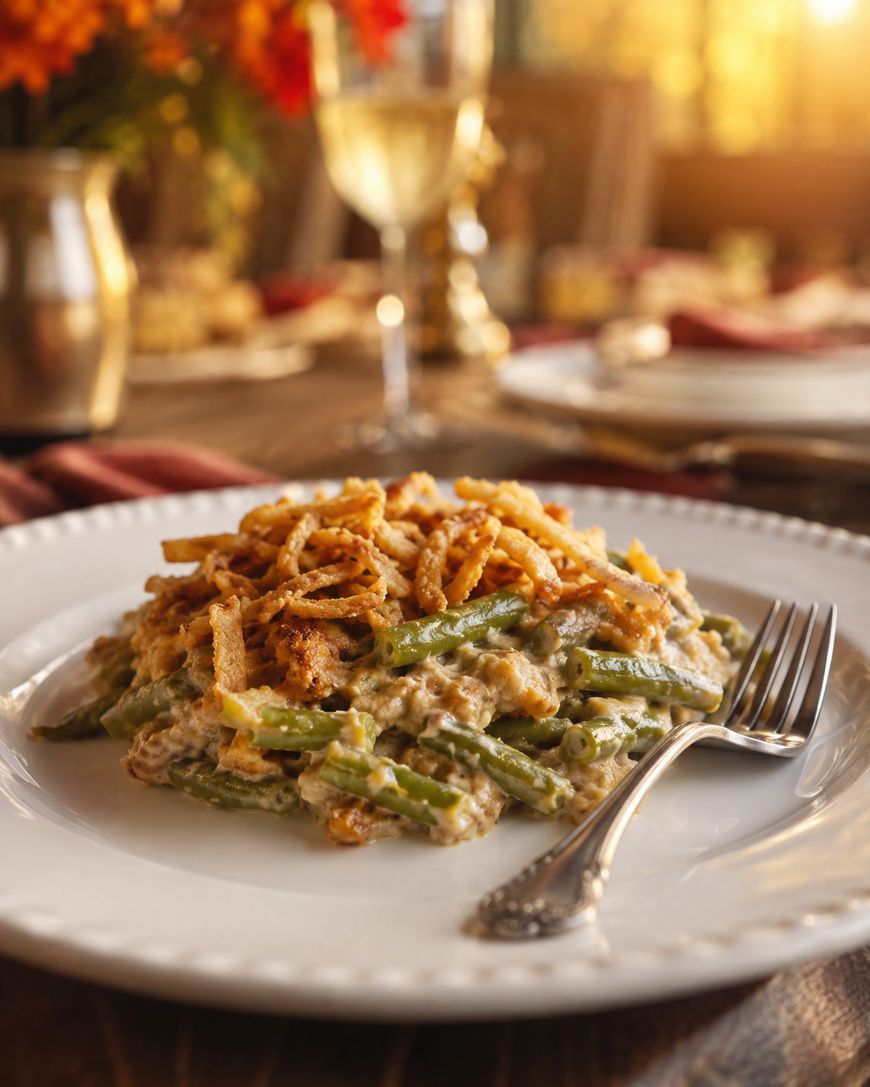 A plate of green bean casserole topped with crispy fried onions sits on a table set for a meal, with a fork on the plate and a glass of white wine blurred in the background.