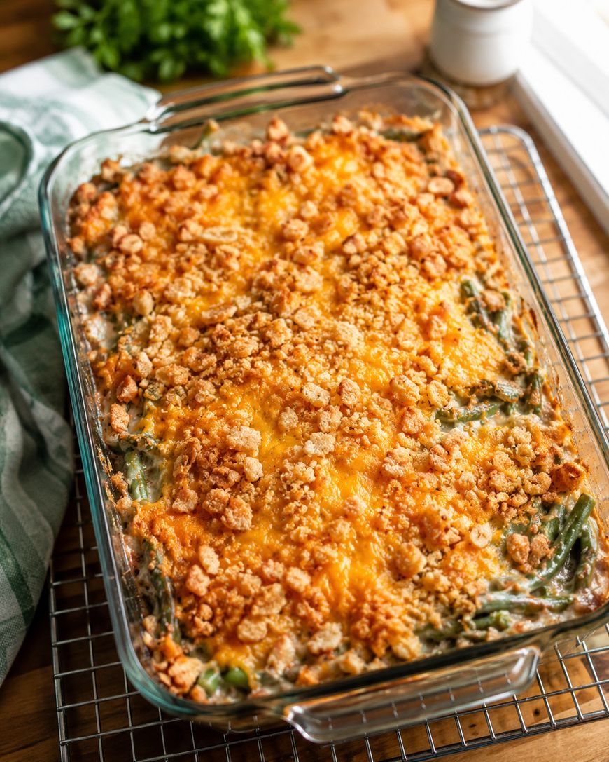 A glass baking dish filled with a baked green bean casserole topped with melted cheese and a golden, crispy breadcrumb crust, resting on a cooling rack. A green kitchen towel and parsley are nearby.