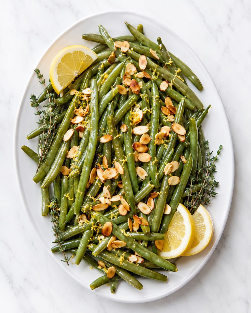 A white oval plate with green beans garnished with toasted almond slices, lemon zest, fresh thyme sprigs, and lemon wedges on a white marble surface.