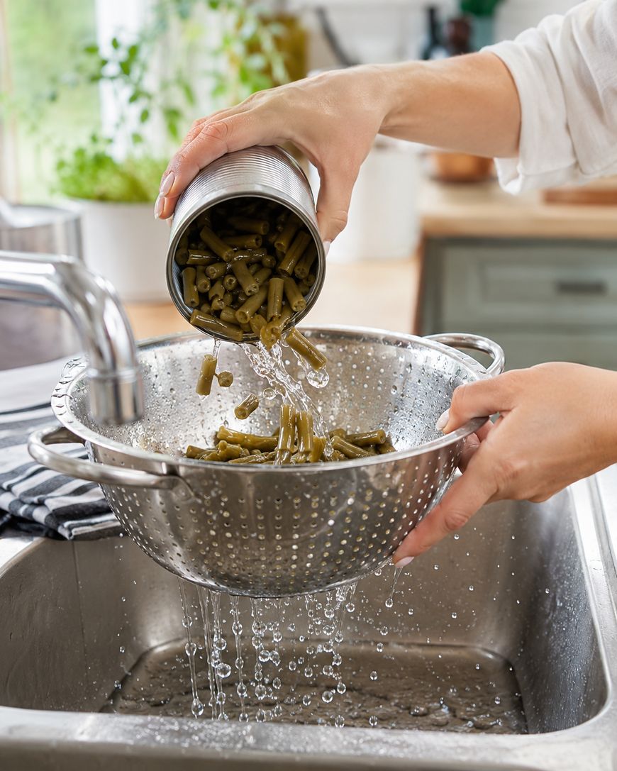 A person pours canned green beans into a metal colander under running water in a kitchen sink, rinsing the beans.