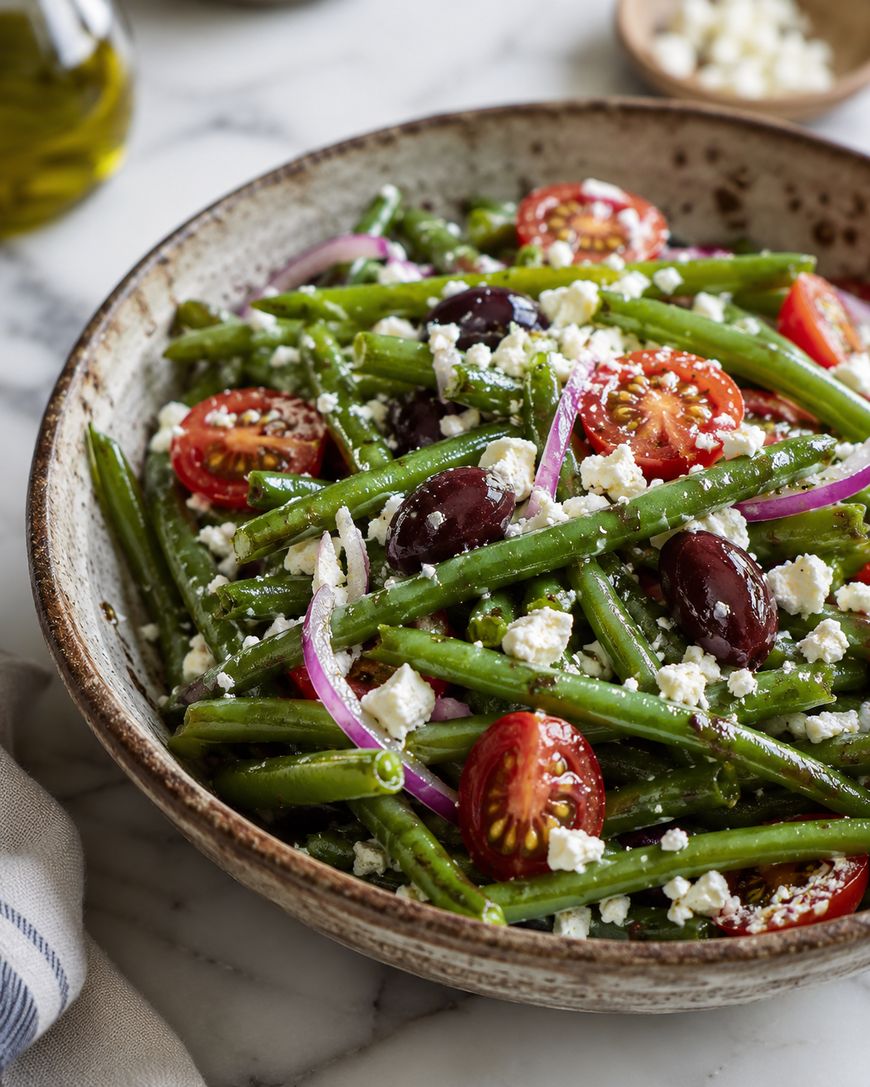 A bowl of green bean salad with halved cherry tomatoes, sliced red onions, Kalamata olives, and crumbled feta cheese on a marble surface.