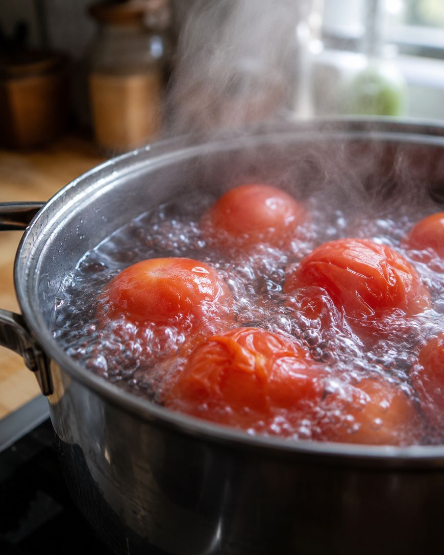 Whole tomatoes are being boiled in a large stainless steel pot of water on a stovetop, with steam rising above the bubbling surface. The kitchen background is softly blurred.