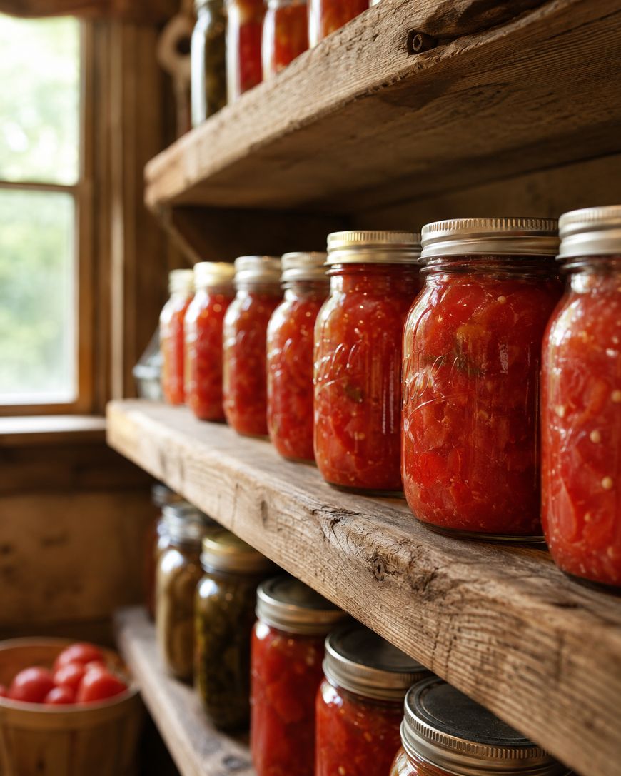 Glass jars filled with preserved tomatoes sit neatly on rustic wooden shelves in a sunlit pantry, with a window and a bowl of fresh tomatoes visible in the background.