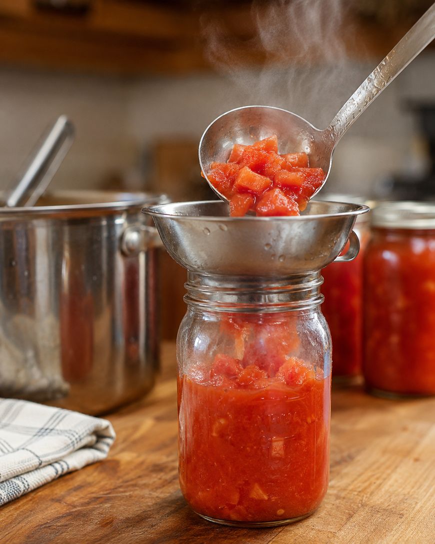 A ladle pours steaming diced tomatoes through a metal funnel into a glass jar on a wooden counter, with a pot, a towel, and jars of canned tomatoes in the background.