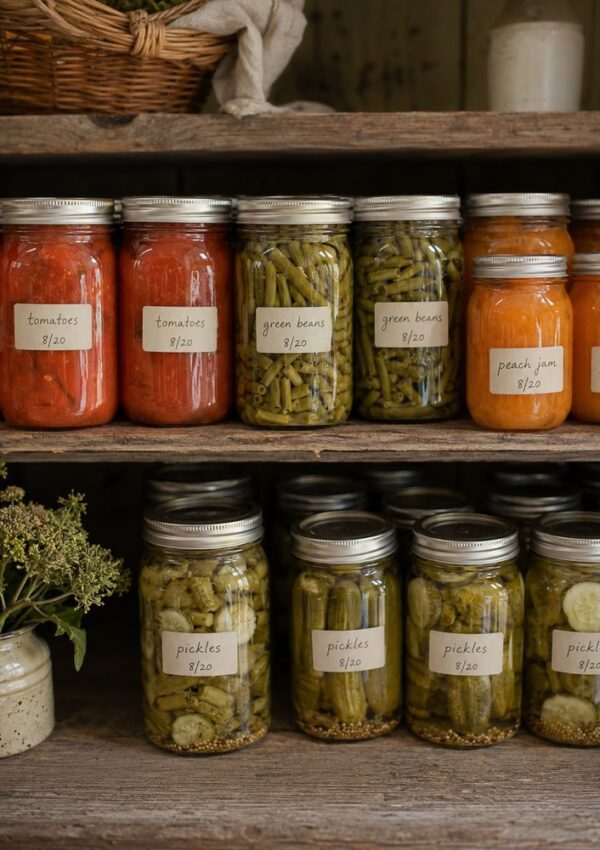 Glass jars filled with preserved tomatoes, green beans, peach jam, and pickles are neatly arranged on wooden shelves—a perfect display for those looking to get started with canning. Each jar is labeled by contents and date. A ceramic vase with dried flowers sits below.
