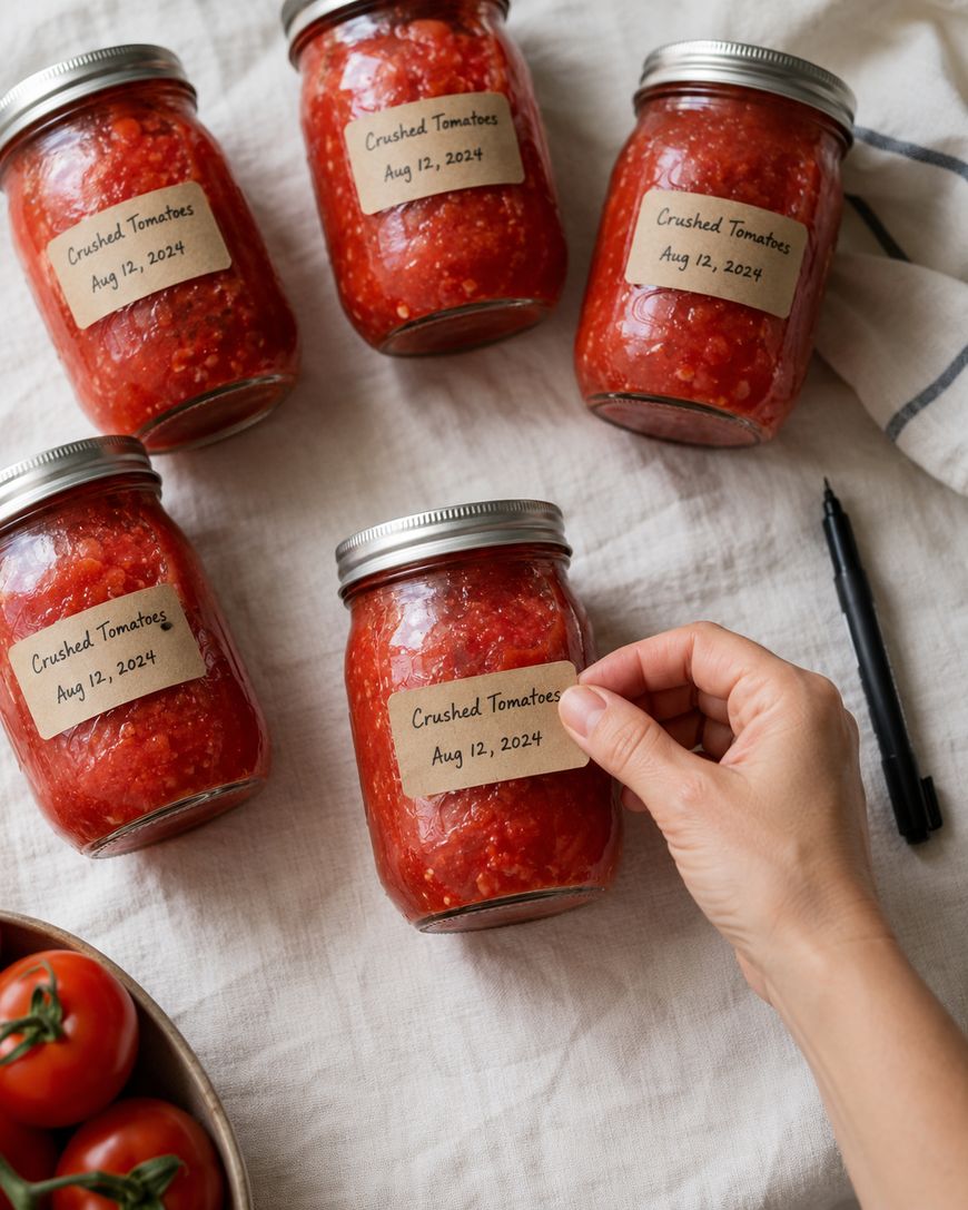 A hand labels a jar of crushed tomatoes dated August 12, 2024. Four other labeled jars are on a white cloth, along with a marker and a bowl of fresh tomatoes.