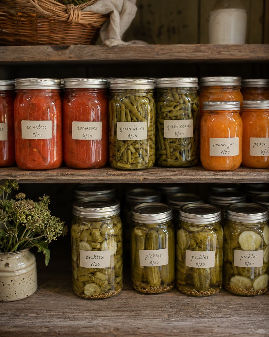 Glass jars filled with preserved tomatoes, green beans, peach jam, and pickles are neatly arranged on rustic wooden shelves. Each jar is labeled with its contents and date. A small vase of dried flowers sits nearby.
