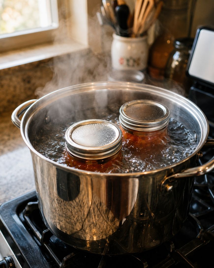Two glass jars with metal lids are being boiled in a large stainless steel pot of water on a stove, with steam rising from the pot. Kitchen utensils and jars are visible in the background.