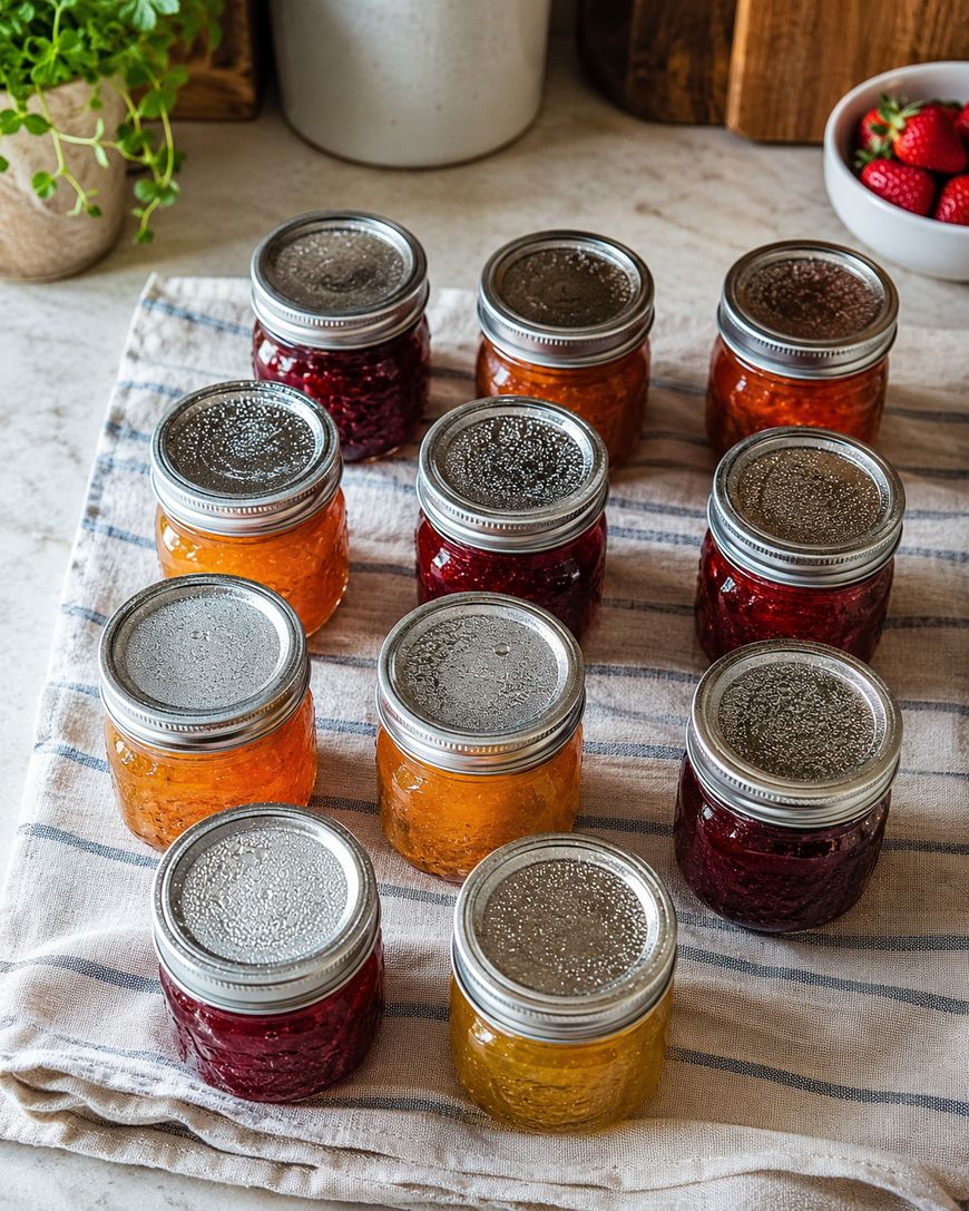 Twelve glass jars of homemade jam with metal lids in various colors—orange, red, and yellow—are arranged on a striped cloth atop a kitchen counter. A bowl of strawberries is in the background.