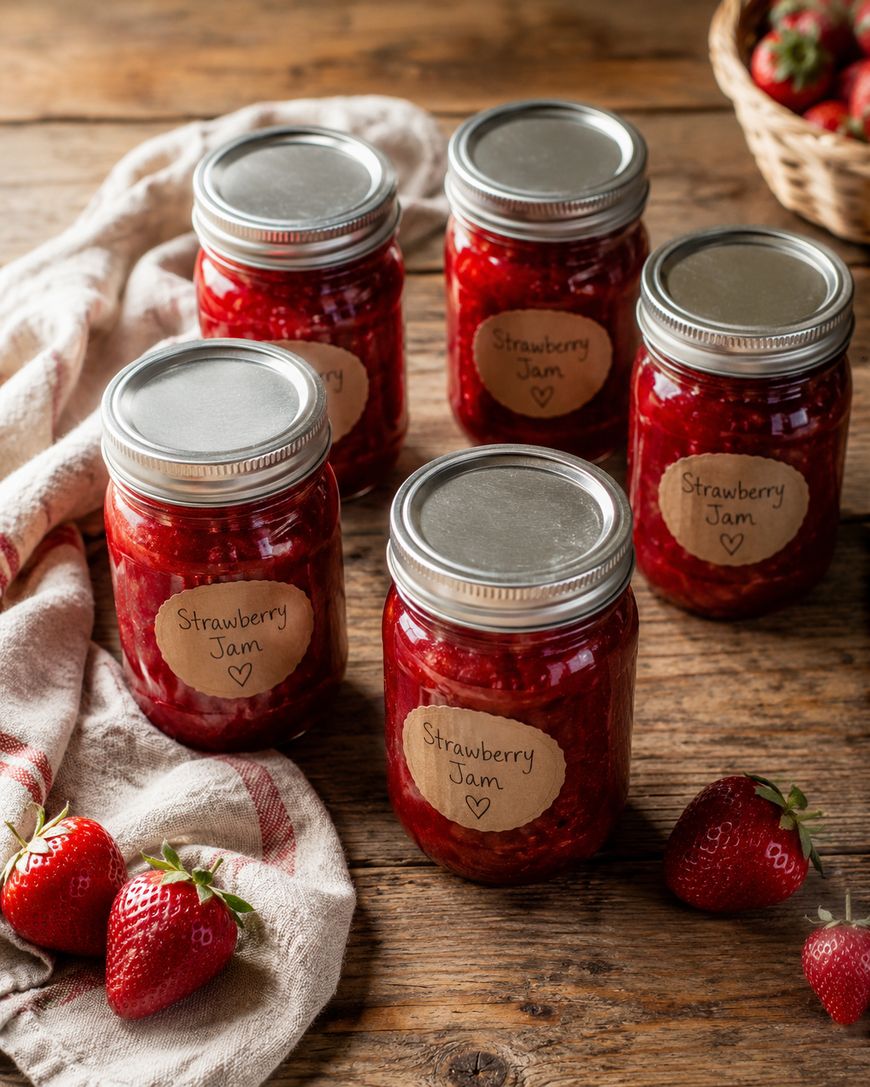 Five jars of homemade strawberry jam with handwritten labels sit on a wooden table, surrounded by fresh strawberries and a striped cloth. A basket of strawberries is visible in the background.