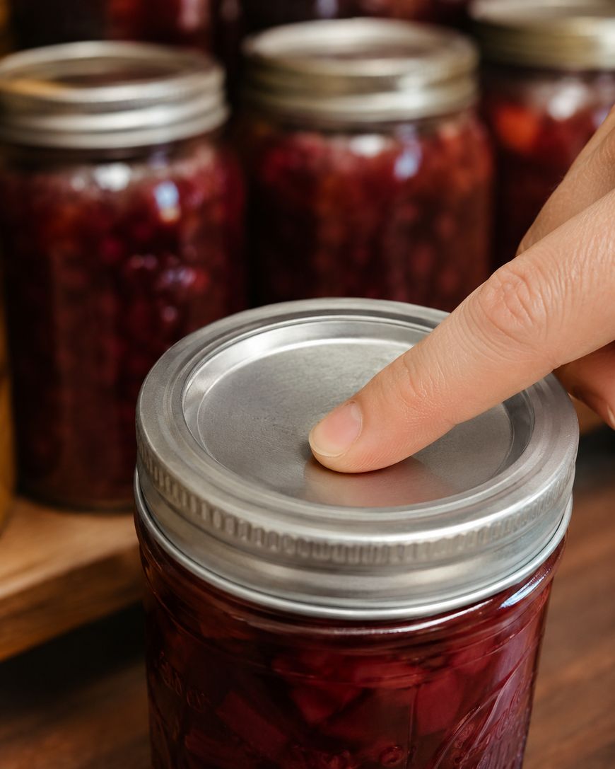 A hand presses the lid of a glass jar filled with preserved red fruit, testing its seal. Several similar jars are visible in the background on a wooden surface.