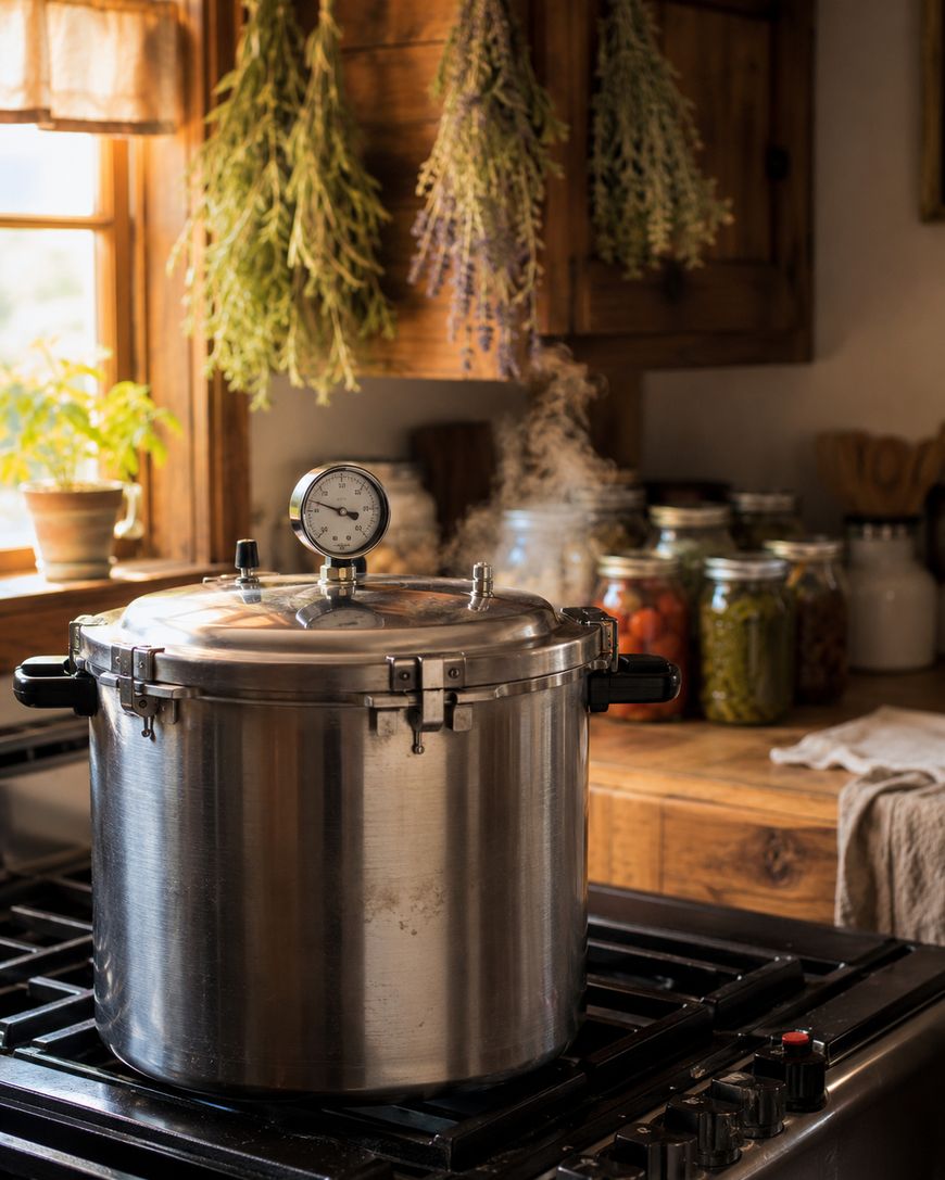 A metal pressure canner with a gauge on its lid sits on a stovetop, releasing steam. Behind it are jars of preserved food, potted herbs, and bunches of dried herbs hanging in a cozy, rustic kitchen.