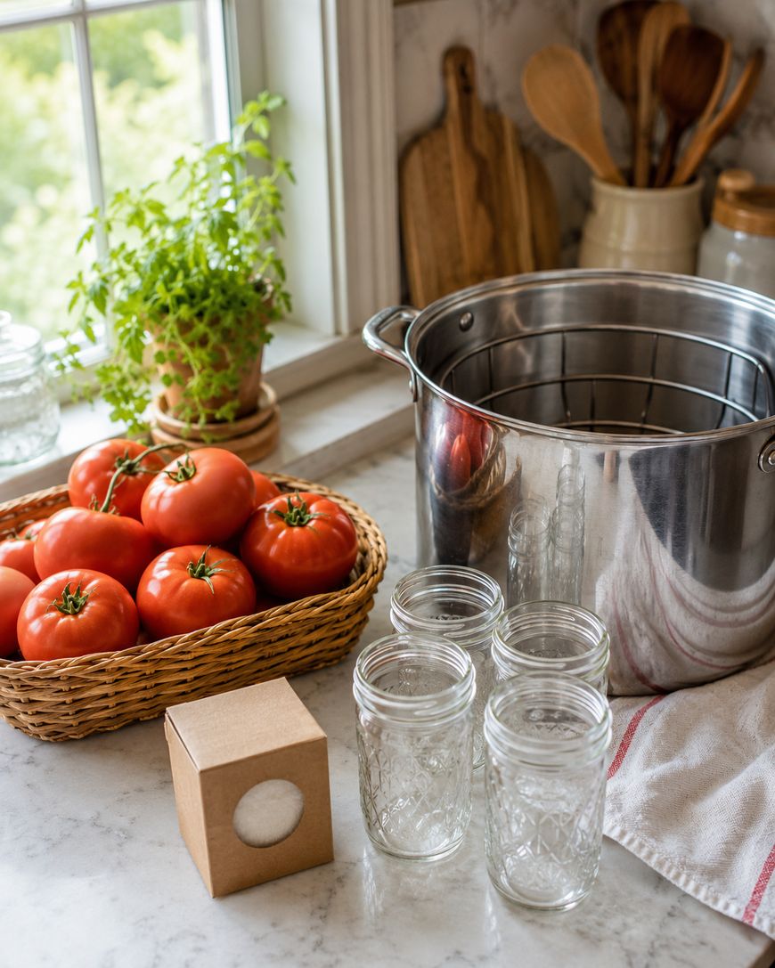 A kitchen countertop with a basket of tomatoes, a large stainless steel pot, empty glass jars, a box, a potted herb, and wooden utensils near a sunny window.