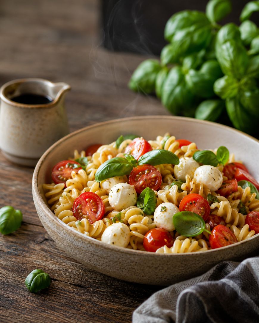 A bowl of fusilli pasta salad with cherry tomatoes, mozzarella balls, and fresh basil, set on a rustic wooden table with a small jug of dressing and basil leaves in the background. Steam rises from the pasta.