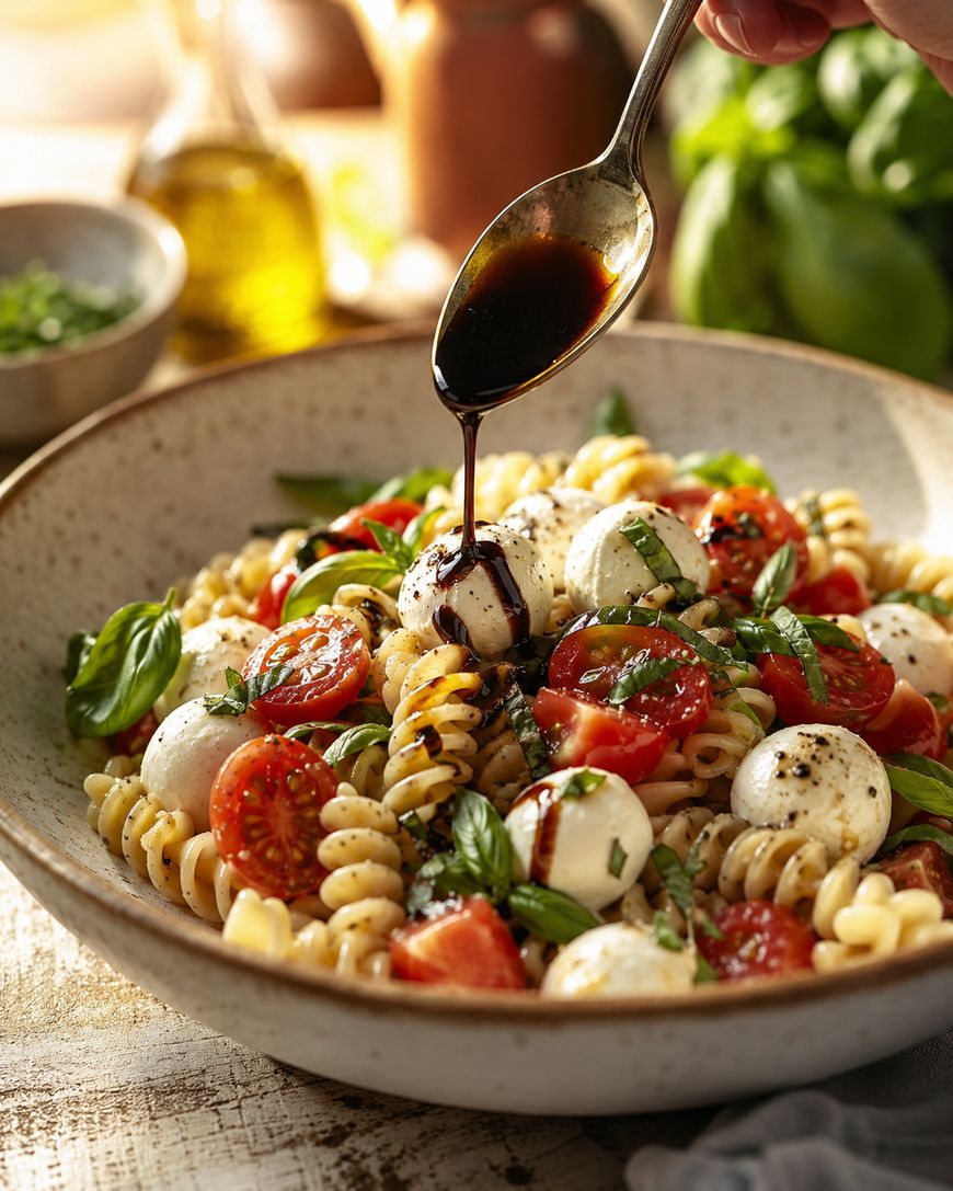 A hand drizzles balsamic glaze over a bowl of pasta salad with cherry tomatoes, mozzarella balls, fresh basil, and black pepper. Olive oil, herbs, and seasonings are visible in the background.