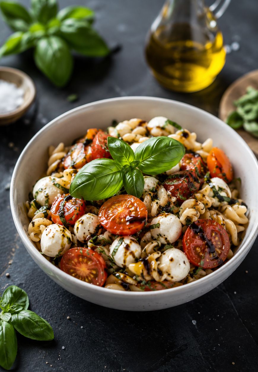 A bowl of pasta salad with cherry tomatoes, mozzarella balls, fresh basil leaves, and a drizzle of balsamic glaze, set on a dark surface with olive oil and herbs in the background.