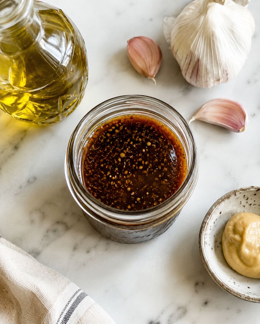 A small glass jar filled with a dark vinaigrette sits on a marble surface, surrounded by a bottle of olive oil, garlic cloves, a head of garlic, and a small dish of mustard.