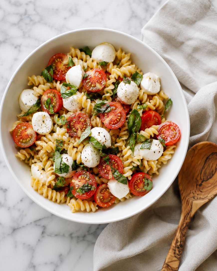 A white bowl filled with rotini pasta, cherry tomatoes, mozzarella balls, and fresh basil leaves, garnished with black pepper, sits on a marble surface next to a beige napkin and a wooden serving spoon.