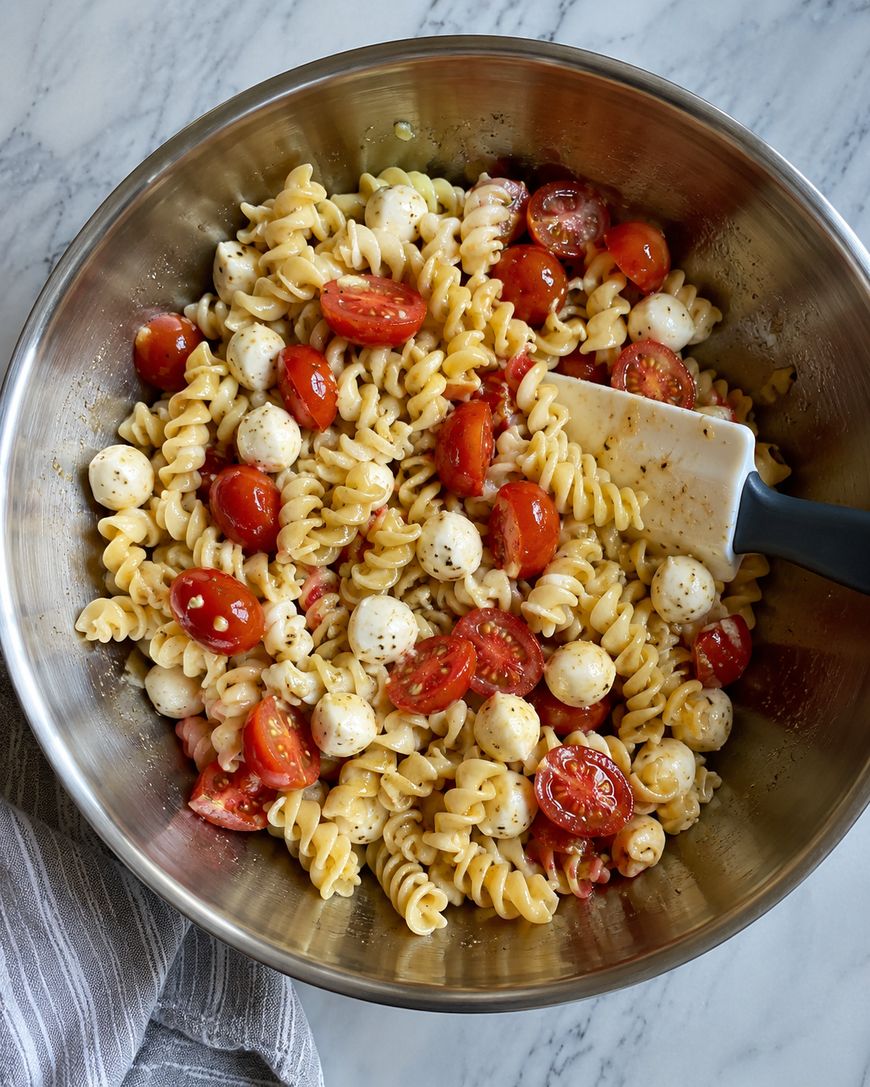 A stainless steel bowl filled with rotini pasta, cherry tomatoes, mozzarella balls, and herbs, with a spatula resting inside. The bowl is placed on a marble countertop next to a striped cloth.