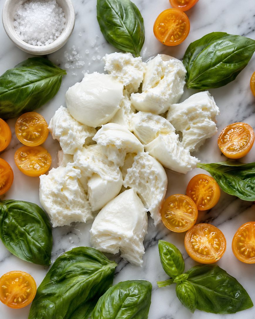 Fresh mozzarella torn into pieces, surrounded by yellow cherry tomato halves, basil leaves, and a small bowl of coarse salt, all arranged on a white marble surface.