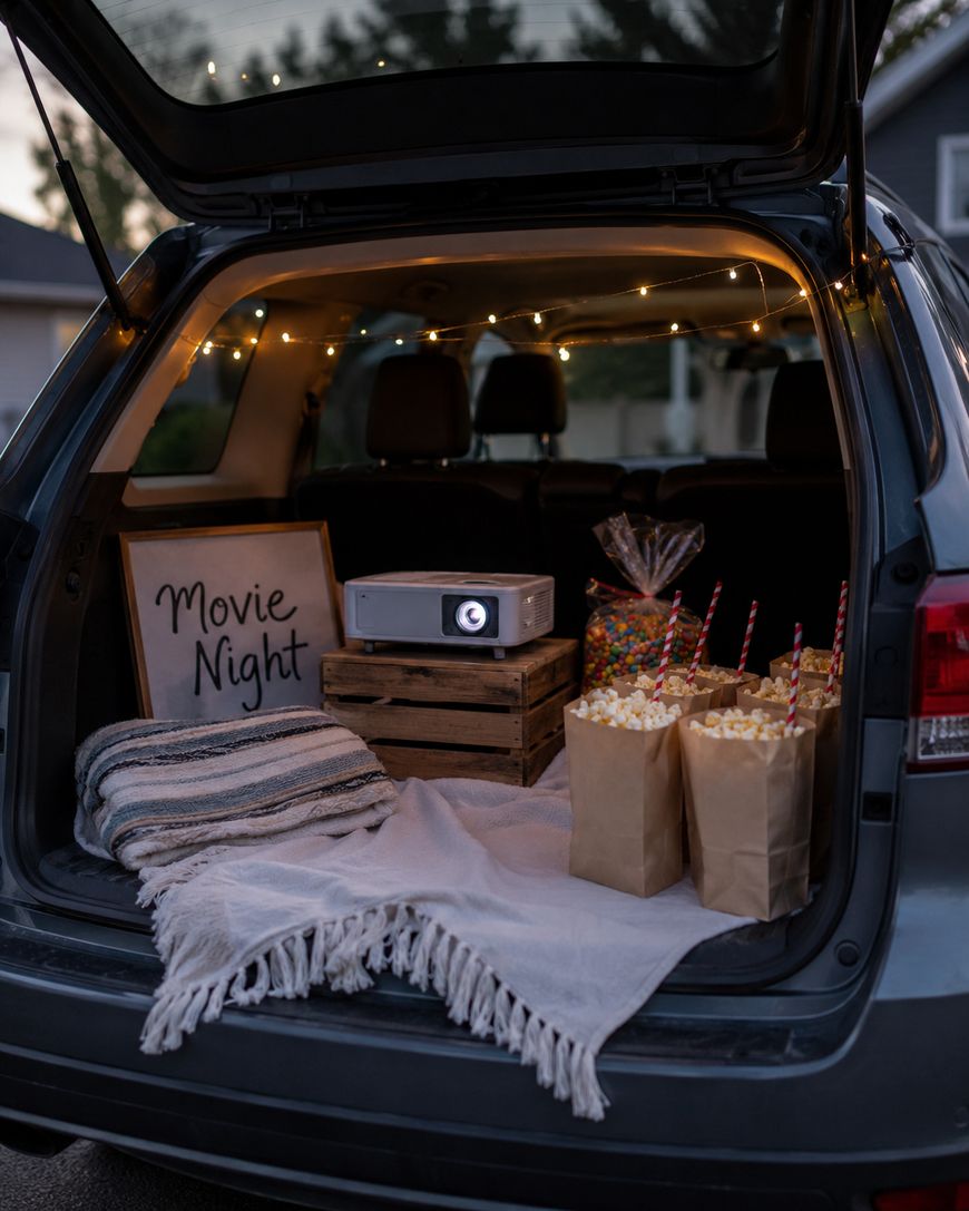 The back of an SUV is set up for a cozy movie night with string lights, a blanket, a projector, bags of popcorn with straws, a bag of colorful snacks, and a Movie Night sign on a crate.