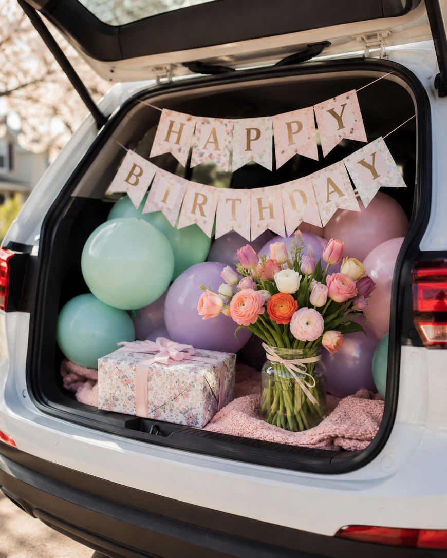 An open car trunk decorated with pastel balloons, a “Happy Birthday” banner, a floral-wrapped gift box, and a vase of colorful flowers, creating a festive birthday celebration scene.