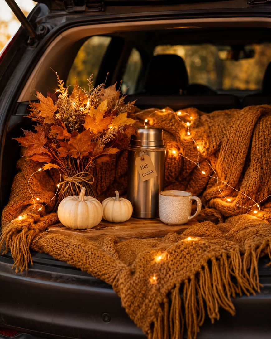 A cozy autumn scene in the open trunk of a car features a warm knit blanket, string lights, white pumpkins, a bouquet of fall leaves, a thermos labeled Hot Cocoa, and a mug on a wooden tray.