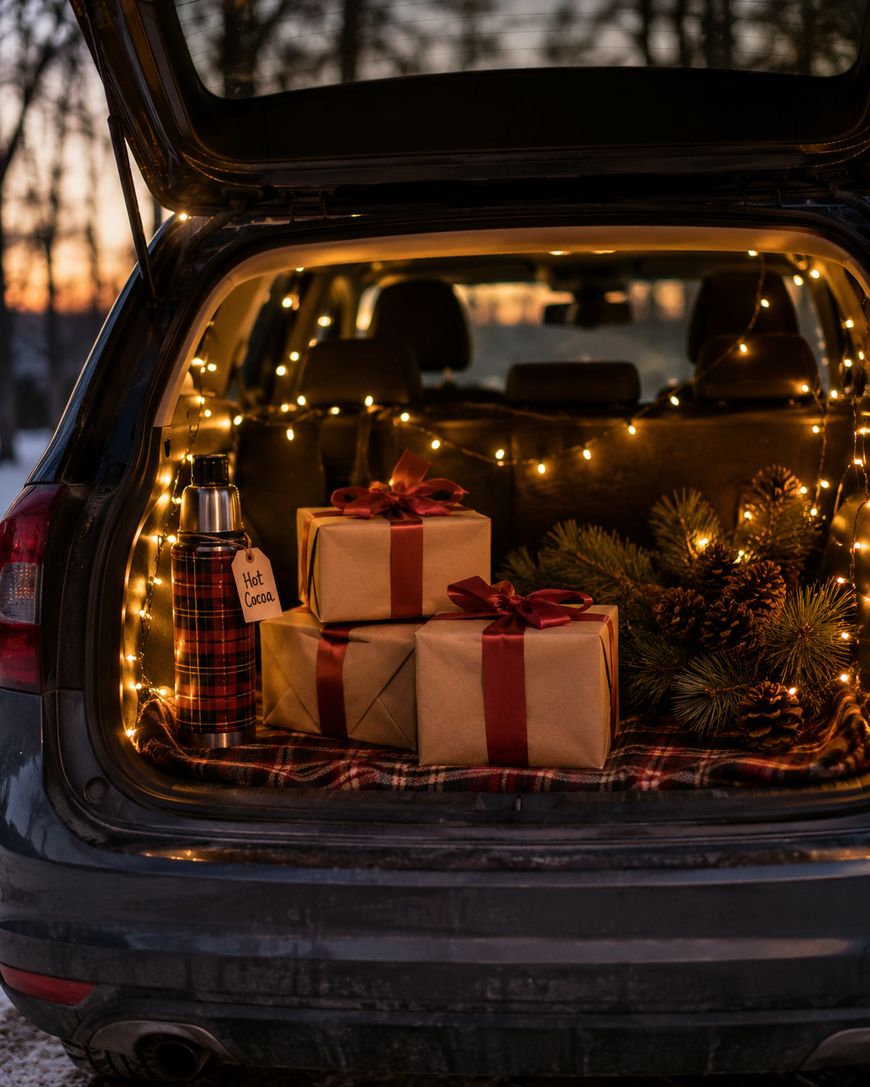 An open car trunk decorated with string lights, plaid blanket, pine branches, pinecones, two wrapped gifts with red ribbons, and a thermos labeled “hot cocoa,” set against a winter sunset background.