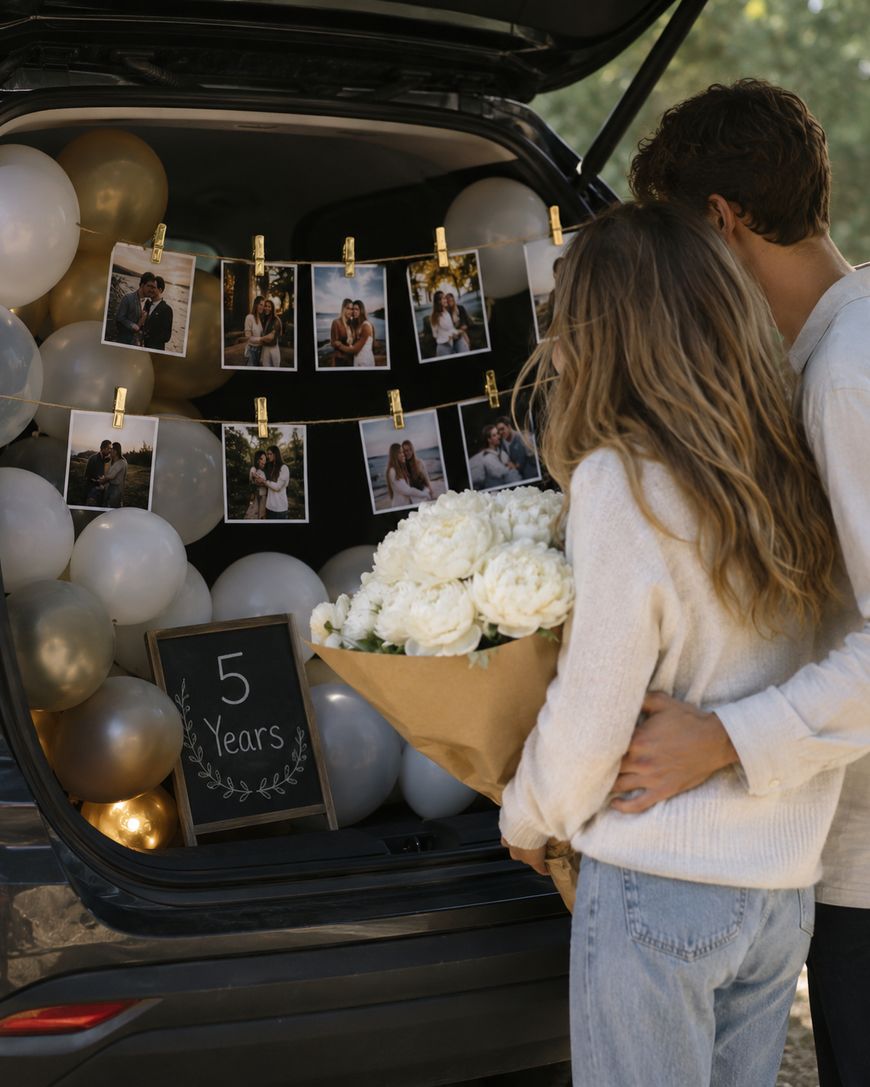 A couple stands together by an open car trunk decorated with balloons, photos on string, and a chalkboard sign reading 5 Years. The woman holds a bouquet of white flowers as they look at the display.