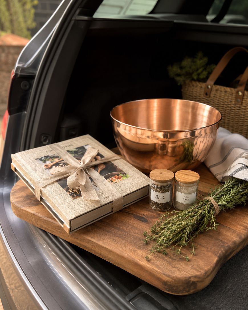 A wooden board on a car trunk holds a copper bowl, two spice jars, fresh herbs, a basket, and two cookbooks tied with ribbon, next to a striped cloth.