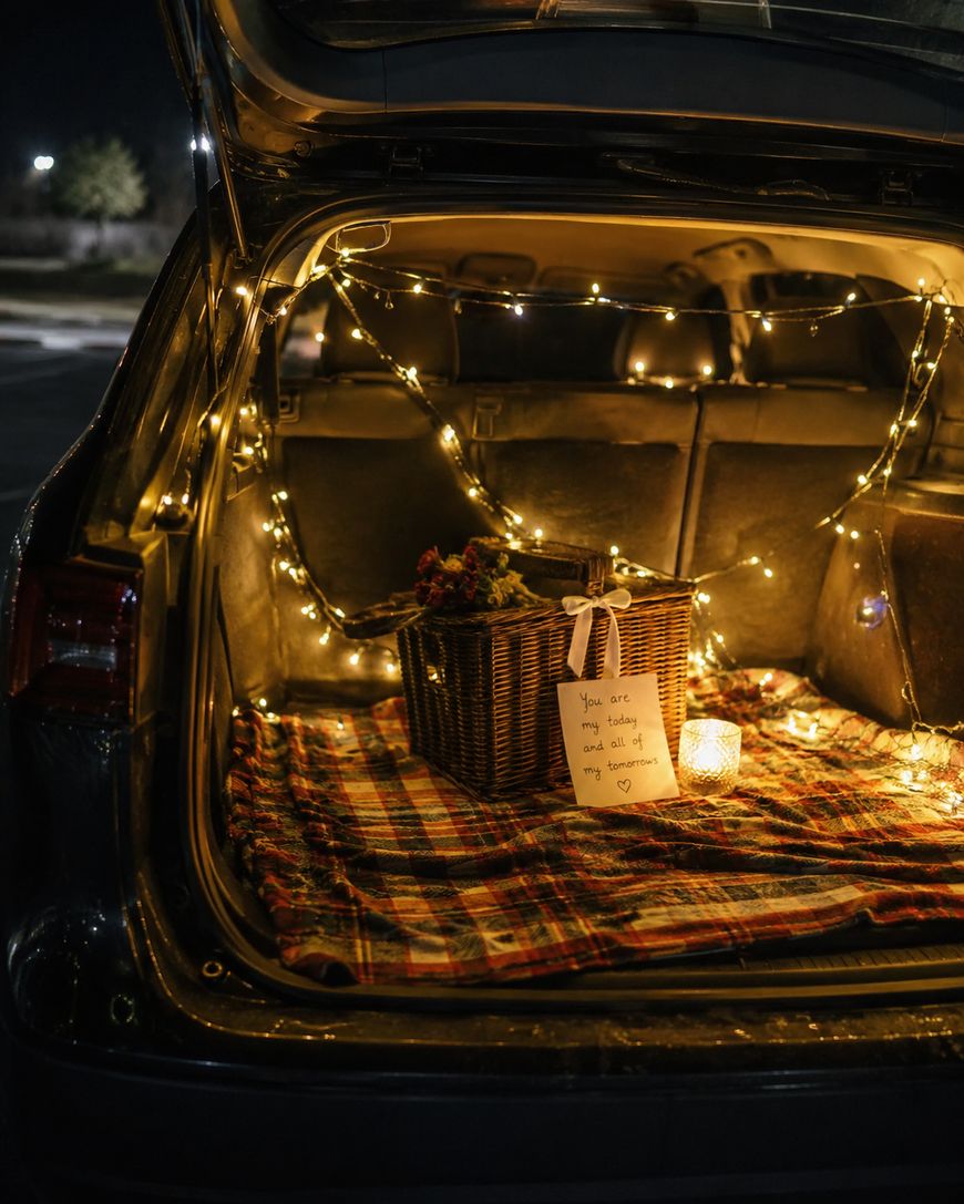 An open car trunk is decorated with string lights, a plaid blanket, a wicker basket with flowers, and a handwritten note. A lit candle sits beside the basket, creating a cozy, inviting atmosphere at night.