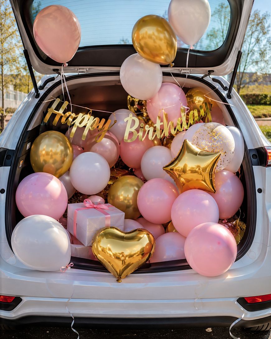 The open trunk of a white car is filled with pink, white, and gold balloons, including star and heart shapes, with a Happy Birthday banner and wrapped presents inside.