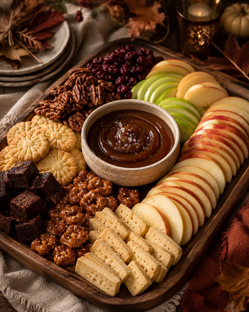 A wooden tray with sliced green and red apples, cookies, shortbread, brownies, candied pecans, dried cranberries, caramel popcorn, and a bowl of caramel dip, surrounded by autumn leaves and candles.