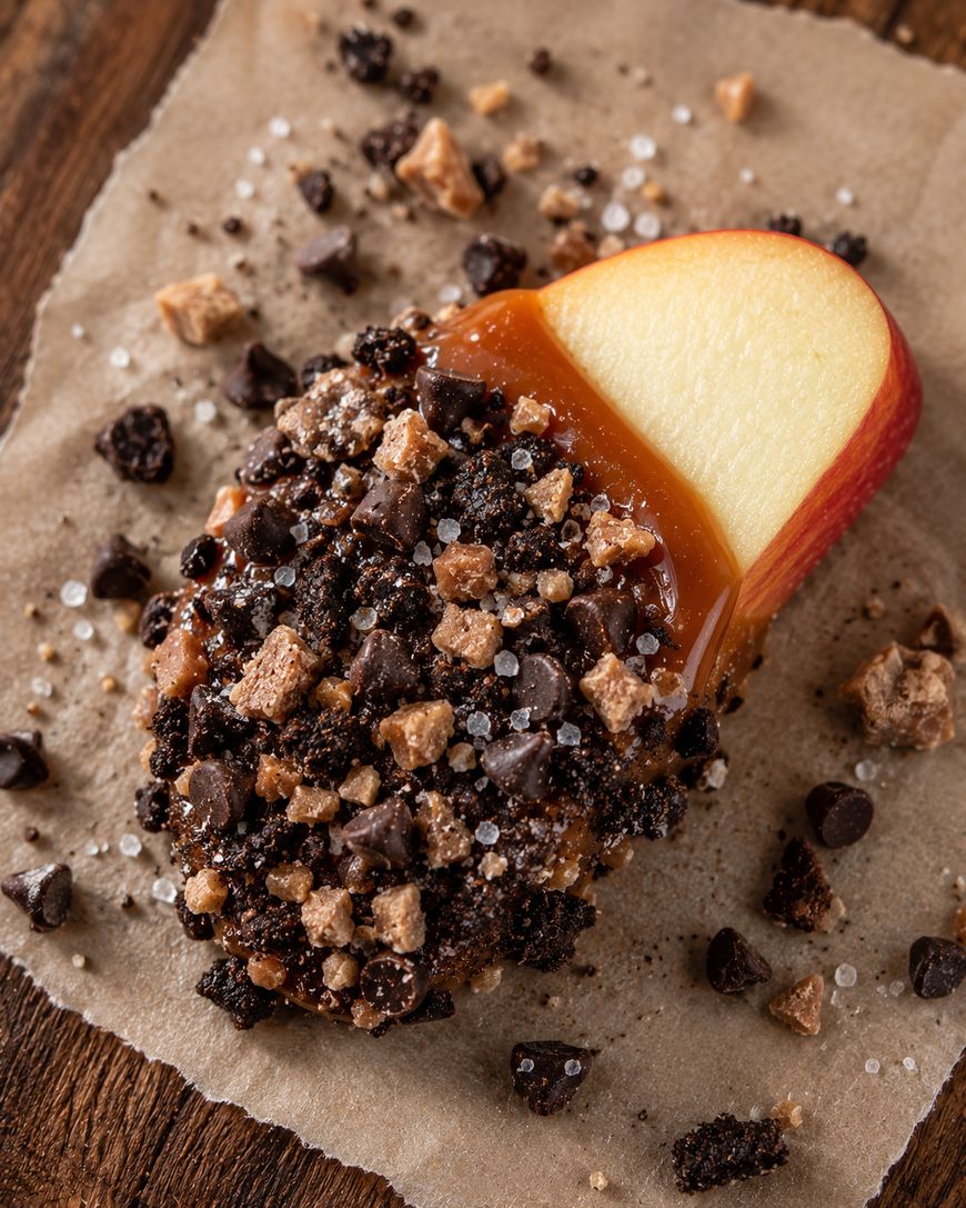 A sliced apple wedge dipped in caramel and coated with crushed chocolate cookies, toffee bits, and chocolate chips, resting on parchment paper with scattered toppings.