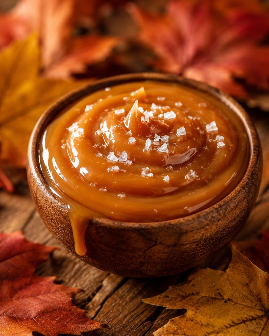 A wooden bowl filled with creamy caramel sauce, sprinkled with sea salt, sits on a rustic wooden surface surrounded by colorful autumn leaves.