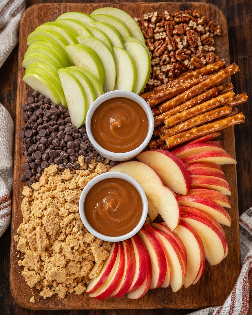 A wooden board with sliced green and red apples, pretzel sticks, chocolate chips, chopped pecans, crushed cookies, and two bowls of caramel dip arranged neatly for dipping.