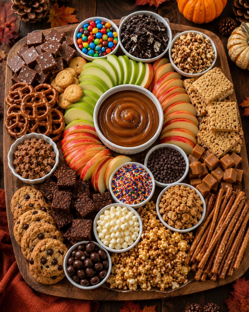 A wooden board filled with sliced apples, caramel dip, pretzels, popcorn, cookies, chocolate pieces, granola, candy, graham crackers, and assorted sprinkles, surrounded by small pumpkins and autumn leaves.