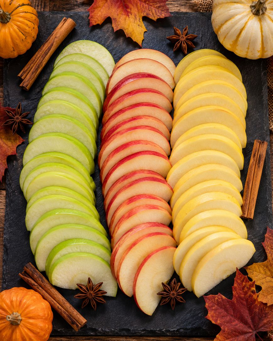 Three rows of sliced apples—green, red, and yellow—are neatly arranged on a dark tray, surrounded by cinnamon sticks, star anise, autumn leaves, and small pumpkins.