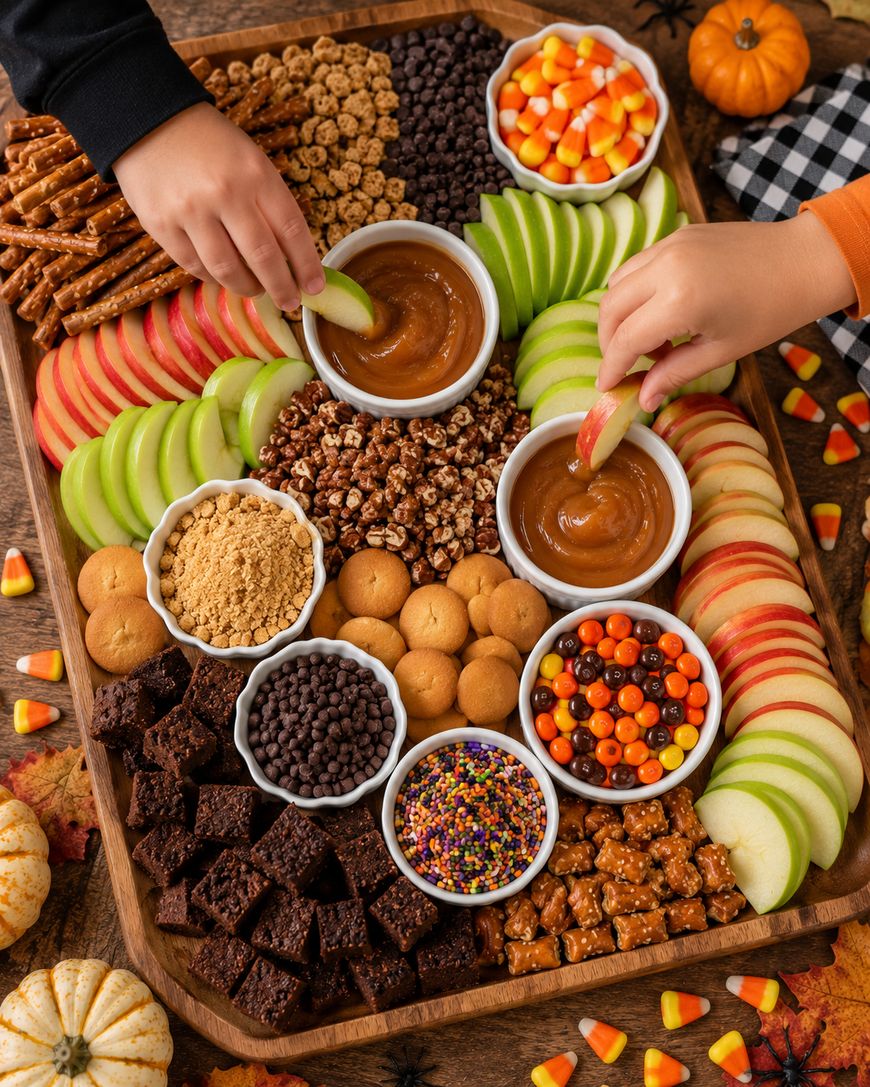A festive snack tray with sliced red and green apples, brownies, cookies, pretzels, popcorn, candy corn, chocolate chips, and caramel dip. Two hands are dipping apple slices into the caramel. Autumn decorations surround the tray.