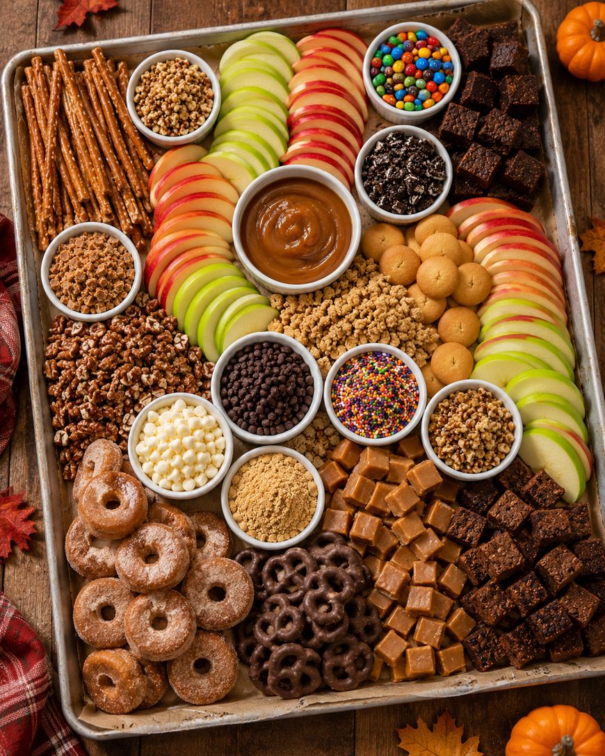 A large tray displays apple slices, caramel dip, pretzels, brownies, mini donuts, cookies, caramels, chocolate pretzels, and small bowls of assorted toppings like sprinkles, chocolate chips, and mini candies.