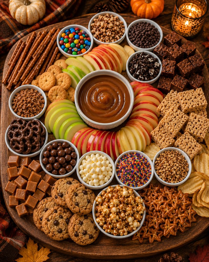 A round wooden platter holds apple slices with caramel dip at the center, surrounded by bowls of candies, chocolate chips, pretzels, cookies, popcorn, Rice Krispies treats, and caramel squares, creating a colorful dessert spread.