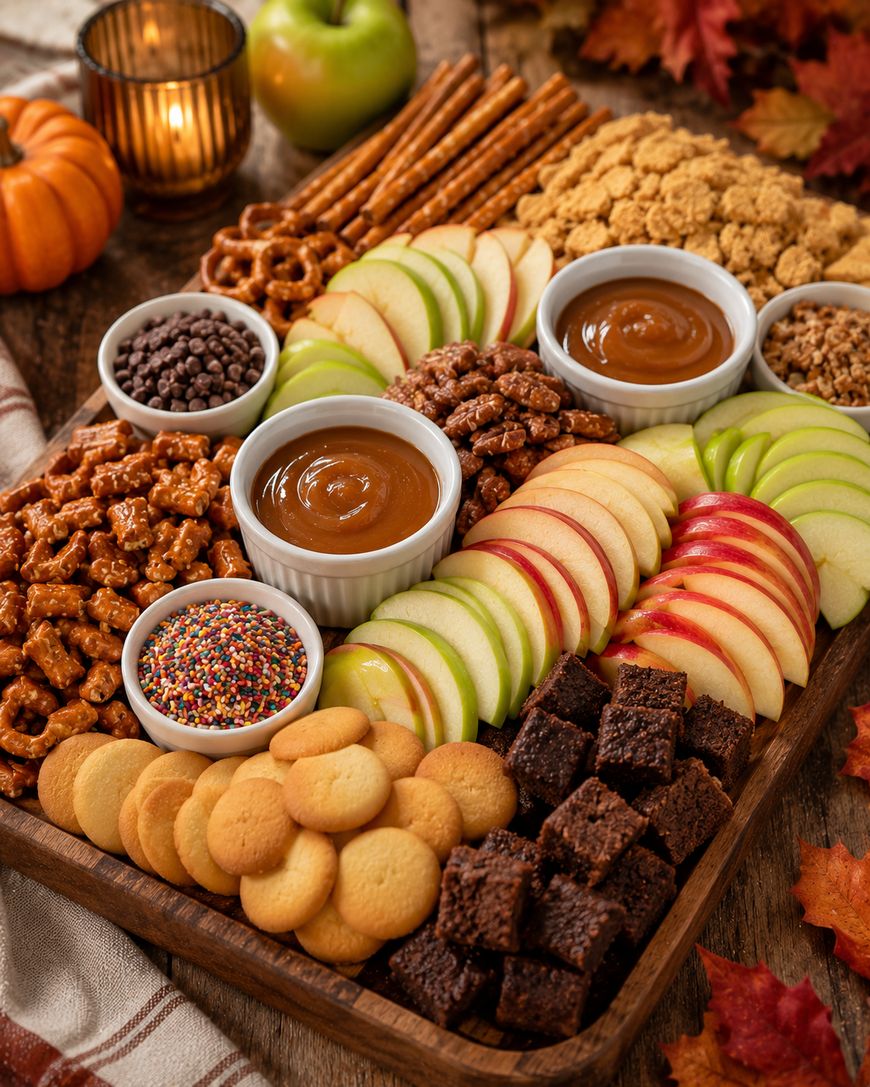 A wooden tray with sliced green and red apples, caramel dips, brownies, mini cookies, pretzels, candied nuts, and chocolate chips. Autumn leaves, a candle, pumpkin, and an apple decorate the rustic background.