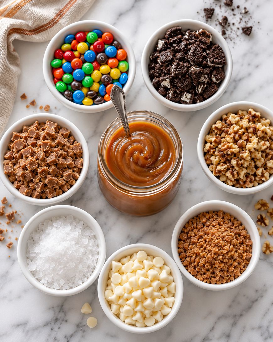 A jar of caramel sauce surrounded by bowls of toppings: M&Ms, crushed chocolate cookies, chopped nuts, toffee bits, sea salt, white chocolate chips, and chopped candied nuts, all on a marble surface.