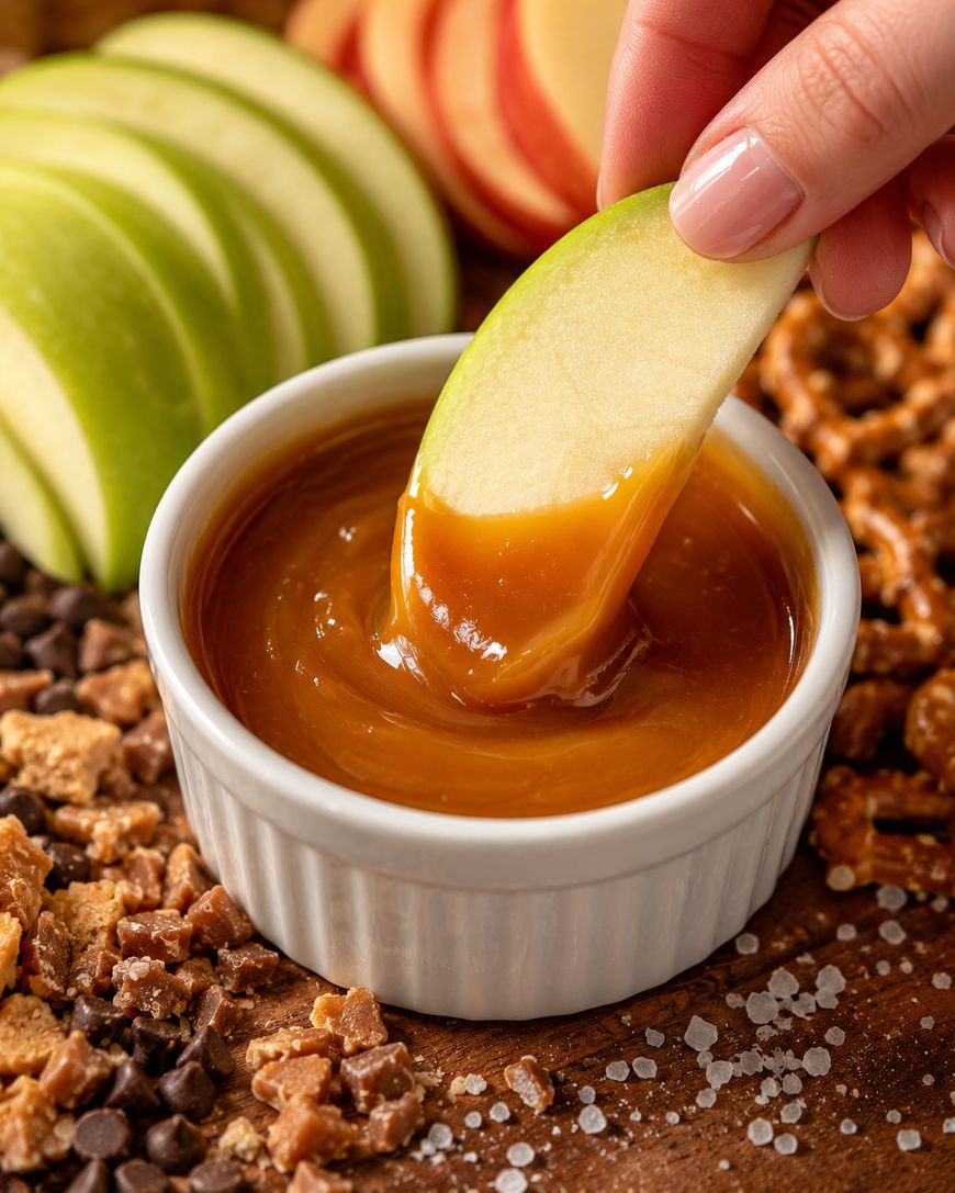 A hand dips a green apple slice into caramel sauce in a white ramekin. Sliced apples, chocolate chips, toffee bits, and coarse salt are scattered around on a wooden surface.