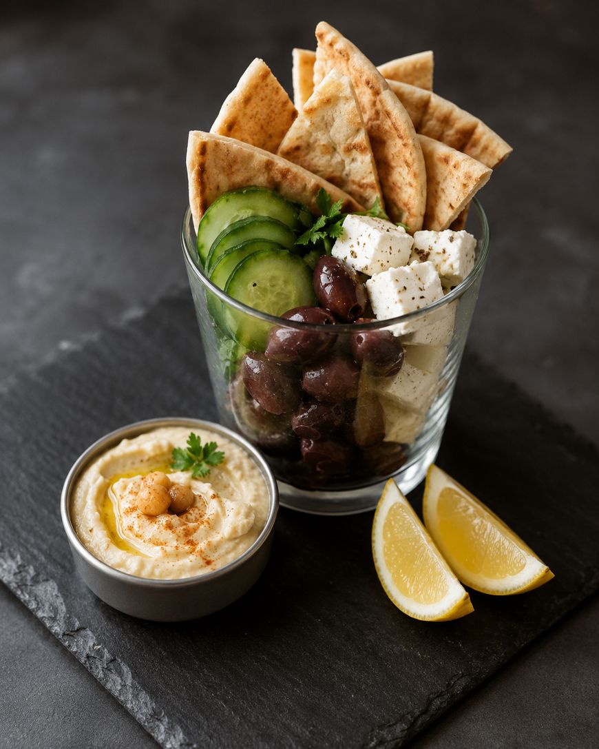 A glass filled with pita bread, cucumber slices, Kalamata olives, and feta cheese, served on a slate with a bowl of hummus topped with chickpeas and parsley, and two lemon wedges.