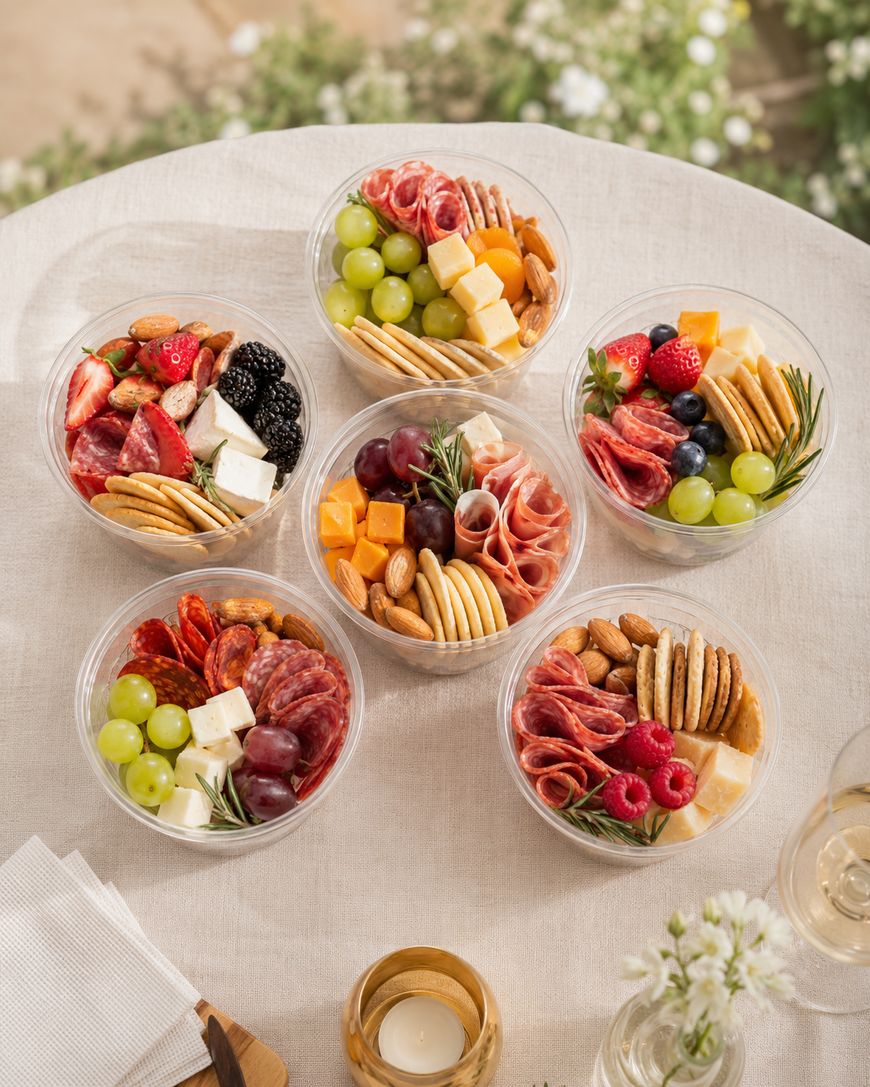 Five small round charcuterie bowls on a table, each filled with assorted crackers, sliced meats, cheeses, grapes, berries, almonds, and garnished with rosemary sprigs. A candle and napkins are nearby.